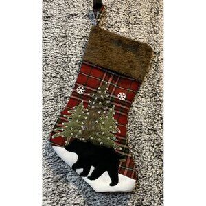Black Bear Christmas Tree Stocking Red Plaid Country Rustic‎ Cabin NEW 17.5”